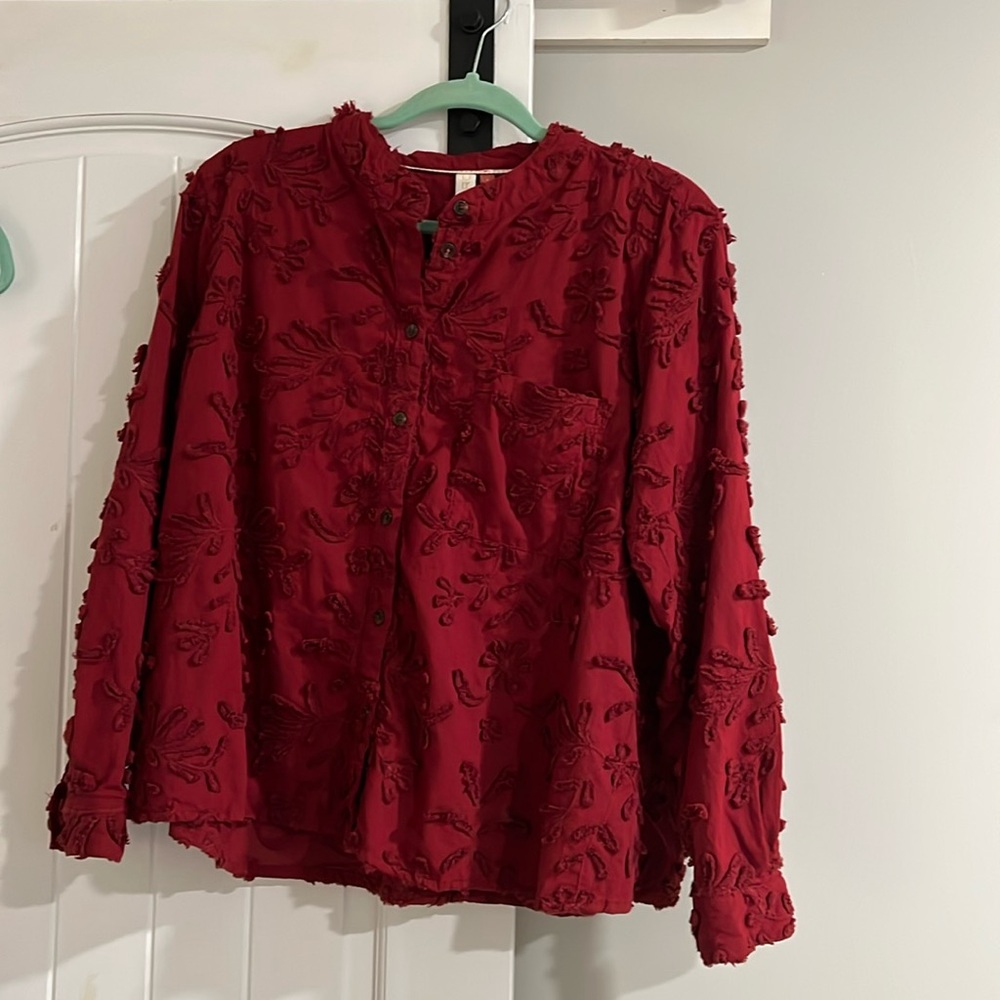Anthropologie Deep Red Textured Button-Front Blouse